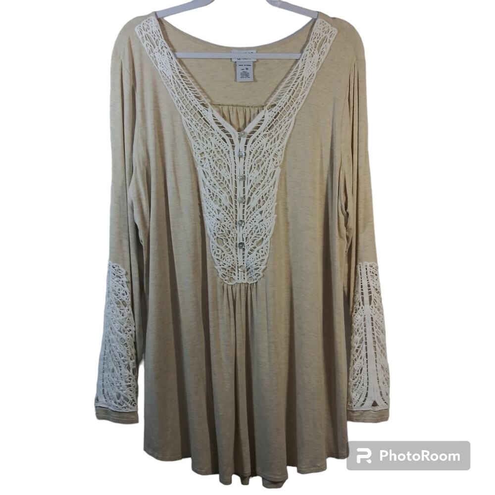 Monroe & Main Oatmeal Lace Trim Long Sleeve V-Neck Top Boho Casual Size 1X